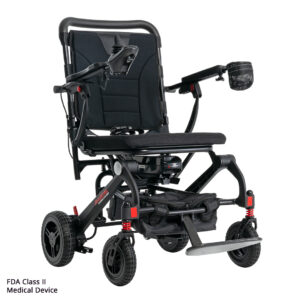 The Carbon Cruiser Folding Power Wheelchair is a black, 4-wheel scooter-style chair with a cushioned seat, adjustable armrests, drink holder, joystick control, and FDA Class II Medical Device text shown in the corner.