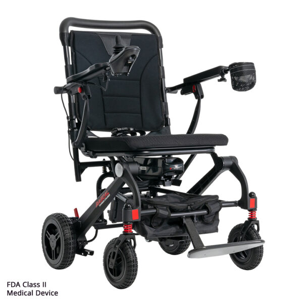 The Carbon Cruiser Folding Power Wheelchair is a black, 4-wheel scooter-style chair with a cushioned seat, adjustable armrests, drink holder, joystick control, and FDA Class II Medical Device text shown in the corner.