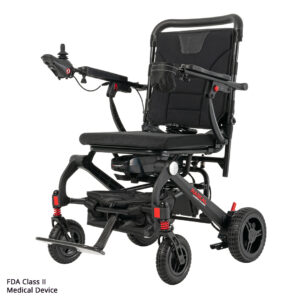 The Carbon Cruiser Folding Power Wheelchair features a black and red design, joystick controller, padded seat, footrest, four wheels like the Venture 4-Wheel Scooter, and FDA Class II Medical Device text in the bottom left corner.