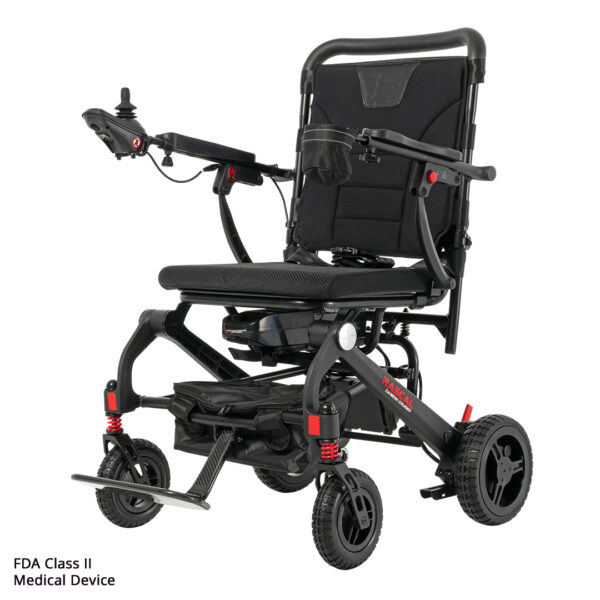 The Carbon Cruiser Folding Power Wheelchair features a black and red design, joystick controller, padded seat, footrest, four wheels like the Venture 4-Wheel Scooter, and FDA Class II Medical Device text in the bottom left corner.
