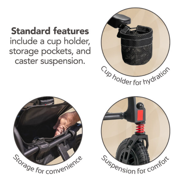Infographic showing a cup holder, storage pockets, and caster suspension on the Carbon Cruiser Folding Power Wheelchair, each labeled for hydration, convenience, and comfort.