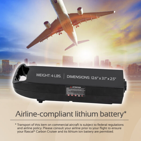 The Carbon Cruiser Folding Power Wheelchair’s black lithium battery (4 lbs, 12.6” x 3.1” x 2.5”) is shown with a plane overhead, highlighting its airline-compliant design for your next adventure.