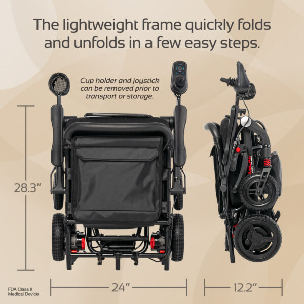 The Carbon Cruiser Folding Power Wheelchair is shown from the back and side, highlighting its compact dimensions, removable cup holder, and joystick—ideal for easy transport or storage, offering convenience like a 4-wheel scooter.