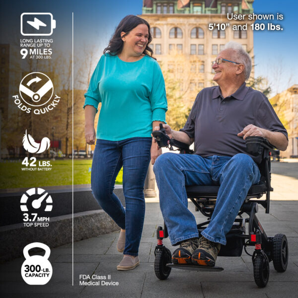 A man in a Carbon Cruiser Folding Power Wheelchair and a woman walk outdoors. Text highlights the Carbon Cruiser’s features: 9-mile range, folds quickly, weighs 42 lbs, max speed 3.7 mph, 300-lb capacity. User: 510, 180 lbs.