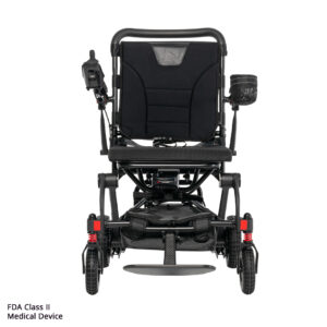 Front view of the Carbon Cruiser Folding Power Wheelchair in black, featuring a left armrest joystick, right cup holder, and comfort inspired by top scooters. Text in corner: FDA Class II Medical Device.