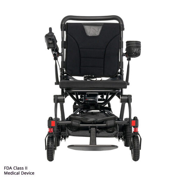 Front view of the Carbon Cruiser Folding Power Wheelchair in black, featuring a left armrest joystick, right cup holder, and comfort inspired by top scooters. Text in corner: FDA Class II Medical Device.
