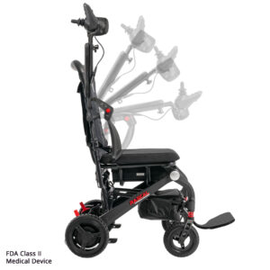 Side view of the Carbon Cruiser Folding Power Wheelchair in black, showing multiple joystick height positions; labeled as an FDA Class II medical device.