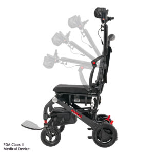 The Carbon Cruiser Folding Power Wheelchair, a compact chair with adjustable headrest, is shown in various positions beside a Venture 4-wheel scooter—both labeled as FDA Class II medical devices.