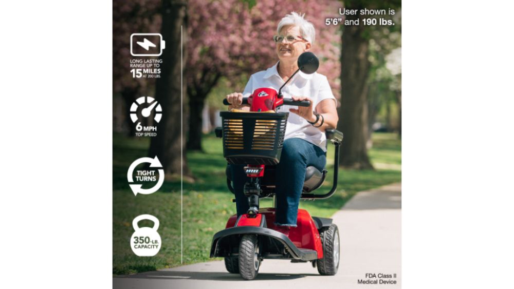A senior woman with short gray hair rides the Conquest 3-Wheel Scooter in red along a park path, while on-screen text showcases its speed, range, weight capacity, and ideal user information.