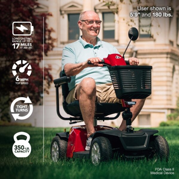A 59-year-old, 180-lb man smiles while riding a red Conquest 4-Wheel Scooter on grass. Infographics highlight its 17-mile range, 6 mph top speed, tight turning radius, and 350-lb weight capacity.