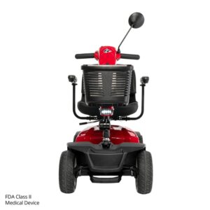 Rear view of a red Conquest 4-Wheel Scooter with black seat, armrests, rear basket, and side mirror on a white background. Text reads: FDA Class II Medical Device.
