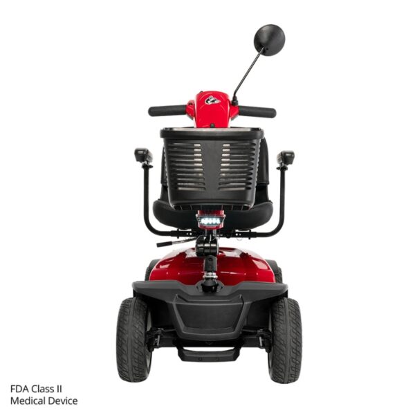Rear view of a red Conquest 4-Wheel Scooter with black seat, armrests, rear basket, and side mirror on a white background. Text reads: FDA Class II Medical Device.