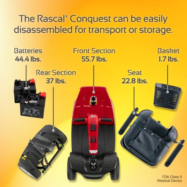 Top-down view of a red Conquest 4-Wheel Scooter disassembled into five labeled parts, each displaying its weight, on a yellow background.