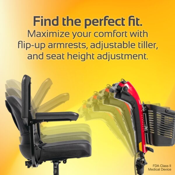 Side view of a Conquest 4-Wheel Scooter seat with adjustable armrests, reclining backrest, and tilting tiller, set against a yellow background with descriptive text.