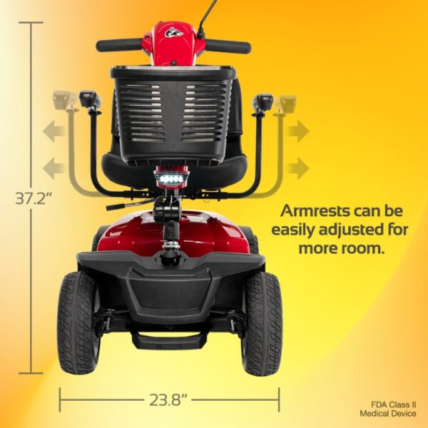 Rear view of a red Conquest 4-Wheel Scooter featuring adjustable armrests, measuring 37.2 inches in height and 23.8 inches in width.
