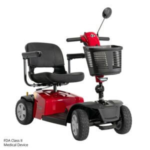 Red and black Conquest 4-Wheel Scooter with padded seat, armrests, front basket, and rearview mirror. Classified as an FDA Class II medical device.