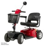 A red and black Conquest 4-wheel scooter with a front basket, padded seat, armrests, and rearview mirror. “FDA Class II Medical Device” text appears in the lower left corner.