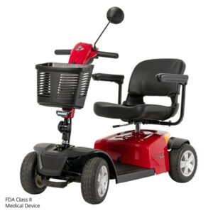 A red and black Conquest 4-wheel scooter with a front basket, padded seat, armrests, and rearview mirror. “FDA Class II Medical Device” text appears in the lower left corner.