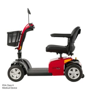 Red and black Conquest 4-Wheel Scooter, shown from the side, with a front basket, padded seat, armrests, and four wheels. FDA Class II medical device.