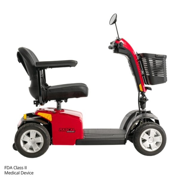 Conquest 4-Wheel Scooter with black seat, armrests, handlebar, and front basket, shown in side profile view. Text reads FDA Class II Medical Device.