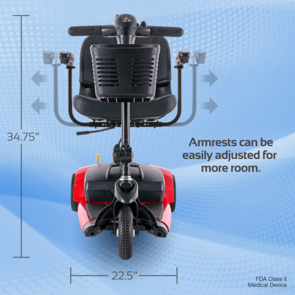 Rear view of a Venture 3-Wheel Scooter with adjustable armrests shown, measuring 34.75 inches tall and 22.5 inches wide, on a blue background.