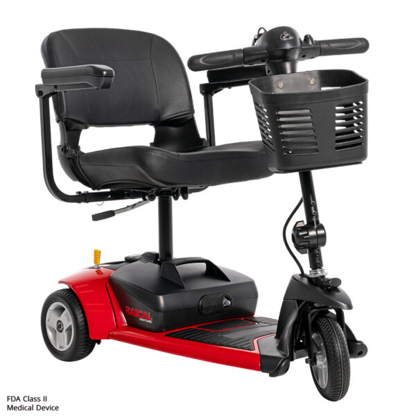The Venture 3-Wheel Scooter features a red base, footrest, black seat, handlebars, and front basket—a great alternative to the Conquest 4-wheel scooter.