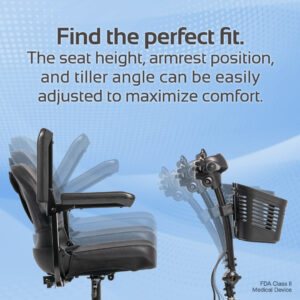 Adjustable Venture 3-Wheel Scooter seat and tiller, with multiple positions for seat height, armrests, and tiller angle, offering customizable comfort settings.