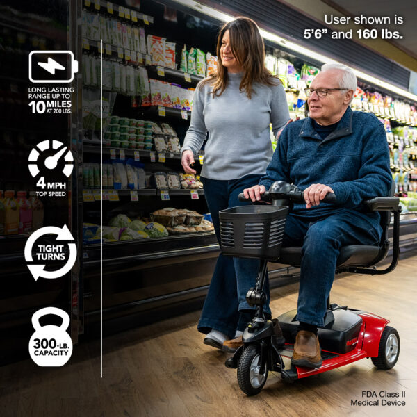 An older man rides a Venture 3-Wheel Scooter in a grocery store aisle beside a woman. The scooter’s specifications and features are displayed on the left side of the image.