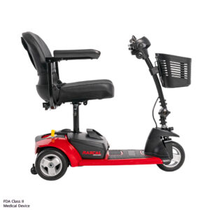 Red and black Venture 3-Wheel Scooter featuring a padded seat with armrests, a front basket, and an easy-to-use control panel on the handlebar.