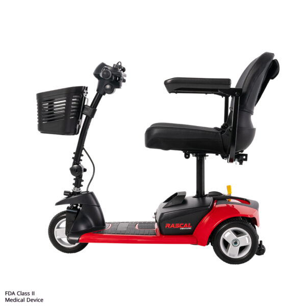 The Venture 3-Wheel Scooter, shown from the side on a white background, features a red and black design, front basket, adjustable seat with armrests, and offers a style similar to the Conquest 4-wheel scooter.