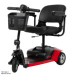 Red and black Venture 3-Wheel Scooter with a front basket, padded seat, and armrests, designed for convenient personal transportation.