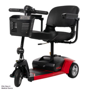 Red and black Venture 3-Wheel Scooter with a front basket, padded seat, and armrests, designed for convenient personal transportation.