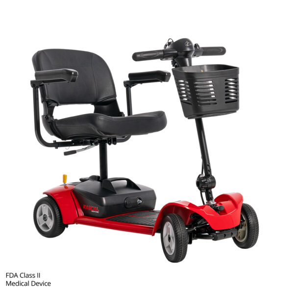 The Venture 4-Wheel Scooter features a red and black design, front basket, padded seat with armrests, and is an FDA Class II medical device—perfect for comfortable and reliable mobility.