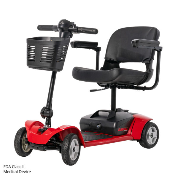 A red and black Venture 4-Wheel Scooter with a front basket, padded seat, and armrests is shown on a white background.