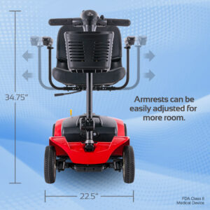 Rear view of the red Venture 4-Wheel Scooter with adjustable armrests, measuring 34.75 inches tall and 22.5 inches wide. Text highlights the Ventures armrest adjustability for added comfort and space.