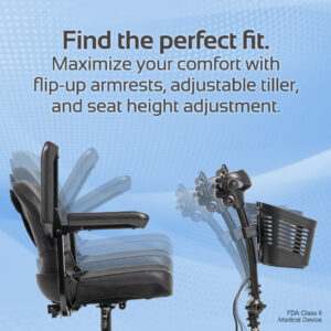 Venture 4-Wheel Scooter seat with flip-up armrests, adjustable tiller, and seat height adjustment offers customizable comfort features.