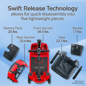A red Venture 4-wheel scooter is disassembled into five labeled parts: battery pack, rear section, front section, seat, and basket, each showing its weight.
