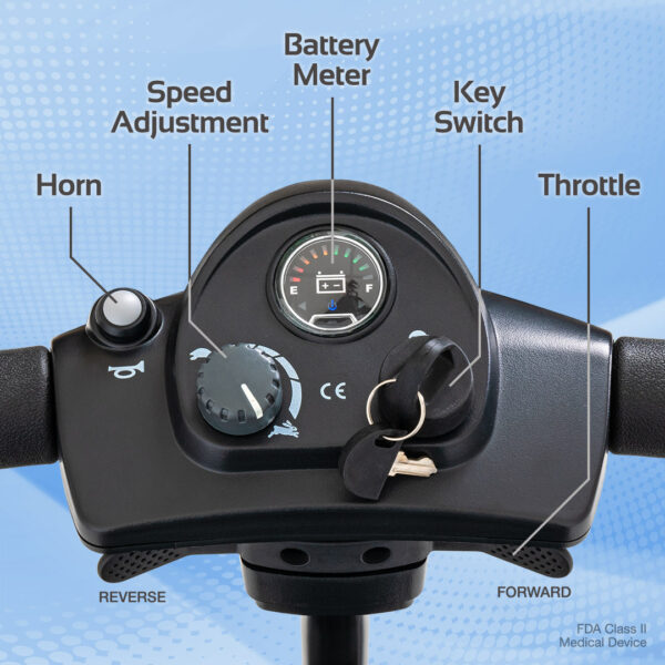 Close-up of a Venture 4-Wheel Scooter control panel featuring labeled horn, speed adjustment, battery meter, key switch, throttle, and forward/reverse controls.