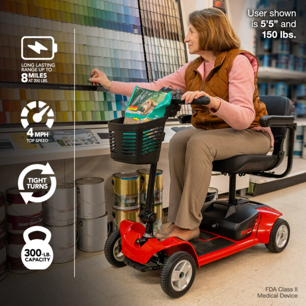 A woman rides a red Venture 4-Wheel Scooter in a store while holding a magazine. The product’s features and specifications are displayed on the left side of the image.