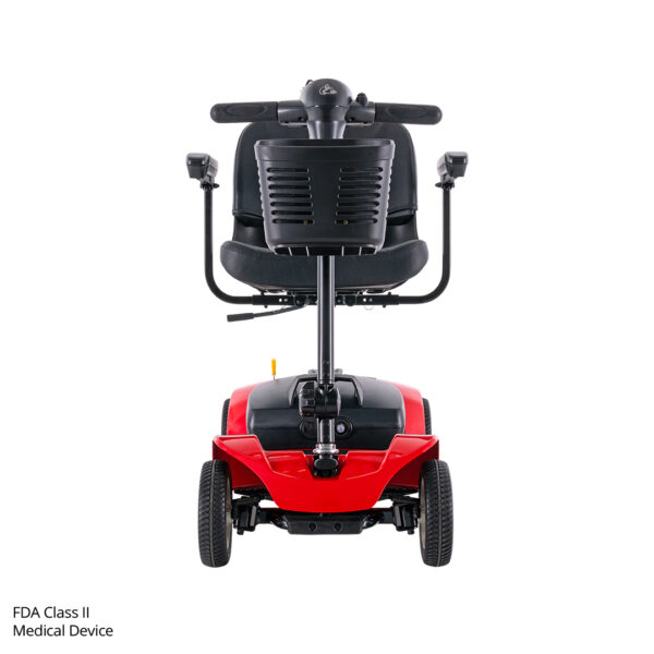 Rear view of a red Venture 4-Wheel Scooter with a black seat, armrests, control handlebars, and four wheels. Text at bottom left: FDA Class II Medical Device. Offers comfort and reliability similar to the Venture 3-Wheel Scooter.