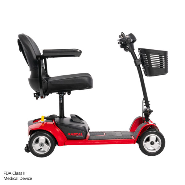 Red and black Venture 4-Wheel Scooter with seat, armrests, and front basket, shown in profile on a white background.