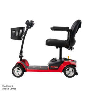 Red and black Venture 4-Wheel Scooter with a front basket, padded seat, and armrests, viewed from the side. Text in corner reads: FDA Class II Medical Device.