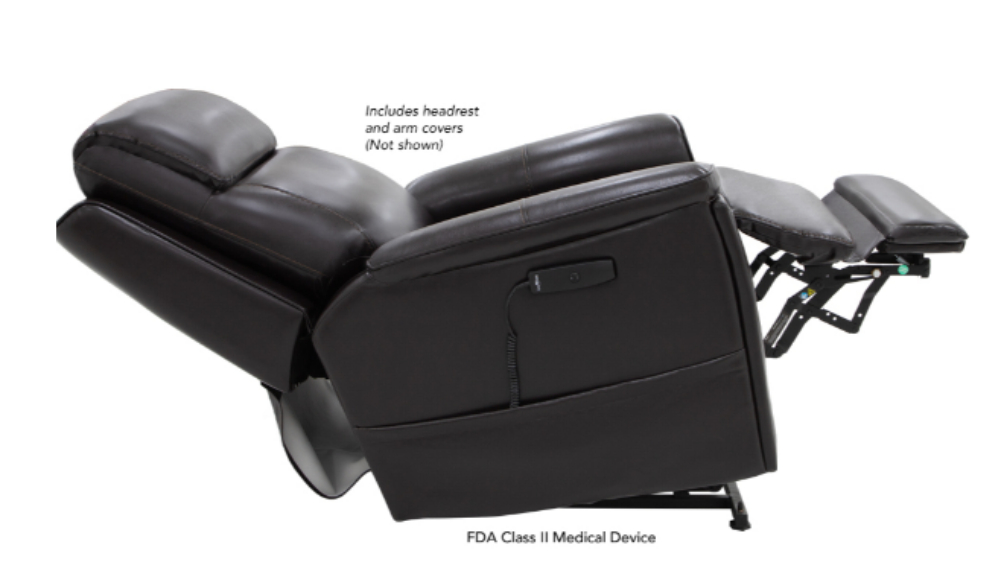 The Evolution Lift Chair in black leather, featuring an extended footrest, is displayed in a partially reclined position. A remote control is attached to the chair. Text indicates that headrest and arm covers are included with the Evolution Lift Chair, although they are not shown in the image.