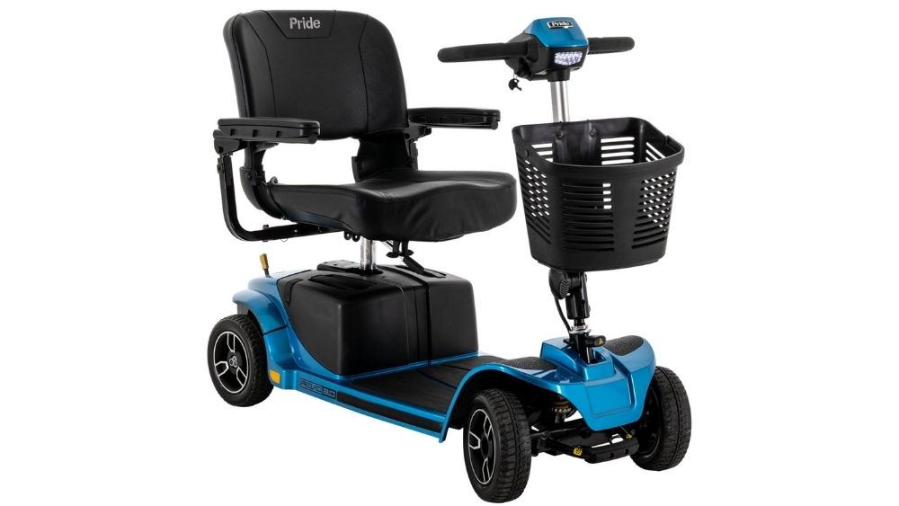 Blue and black Revo® 2.0 4-Wheel Scooter featuring a front-mounted basket and a padded seat with armrests.