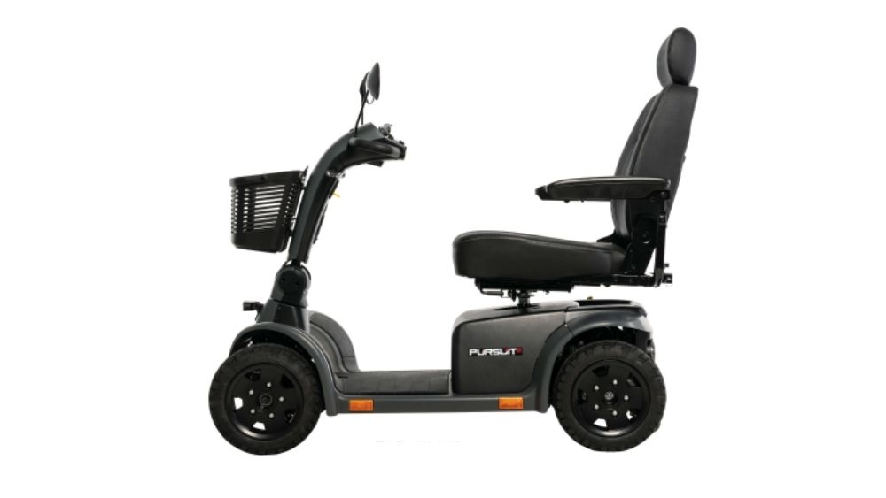 A Pursuit 2 4-Wheel Scooter in black, featuring a high-back seat, four wheels, armrests, and a front basket, is shown in profile against a white background.