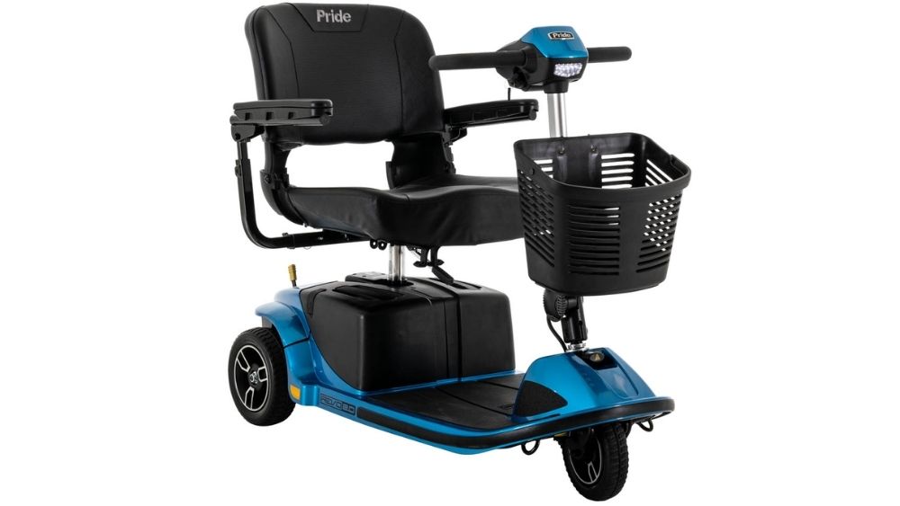 A Revo® 2.0 3-Wheel Scooter in blue, featuring a black seat with armrests and a front basket, is displayed on a white background.