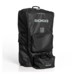 The Travel Bag for Go Go Super Portable is a large black rectangular bag with GOOGO branding, a QR code on the front, handle, front pocket, and a detachable smaller bag at the base.