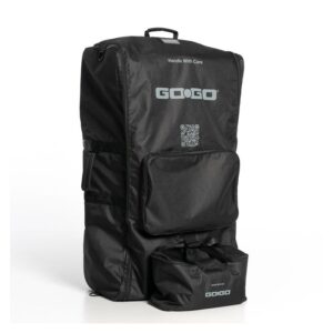 The Travel Bag for Go Go Super Portable is a large black rectangular bag with GOOGO branding, a QR code on the front, handle, front pocket, and a detachable smaller bag at the base.