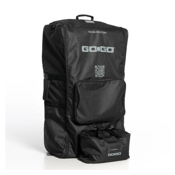 The Travel Bag for Go Go Super Portable is a large black rectangular bag with GOOGO branding, a QR code on the front, handle, front pocket, and a detachable smaller bag at the base.