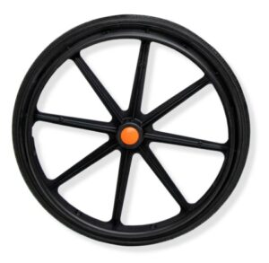 The ShowerBuddy 24 Wheel for SB6W is a black plastic wheel with eight spokes and an orange center cap, shown on a white background.